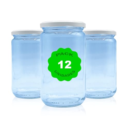 Pack 12 Botes,frascos,tarros,envases de cristal con tapa/cerradura,ideal para almacenaje de comida,conserva,frutas y verduras.Diferentes tamaños y colores. (Blanco, 580ml)