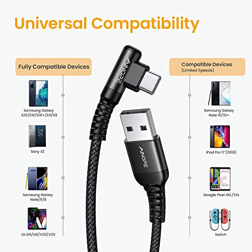 Image of AINOPE USB C Cable Right Angle (2-Pack, 10ft+10ft) 3.1A Type C Charger Fast Charging, Durable Nylon Braided USB A to USB C Charger Cable (Black)