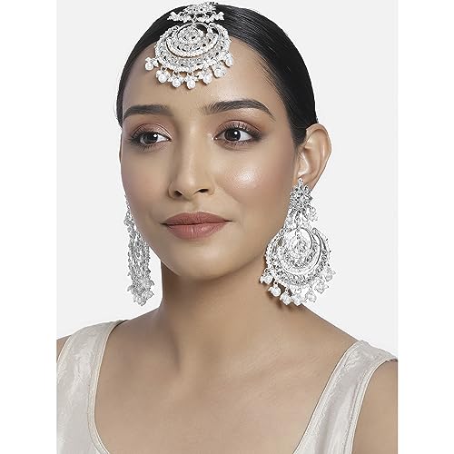 Image of Peora Traditional Jewellery Rhodium Kundan & Pearl Maang Tikka Earring Set for Women Girls