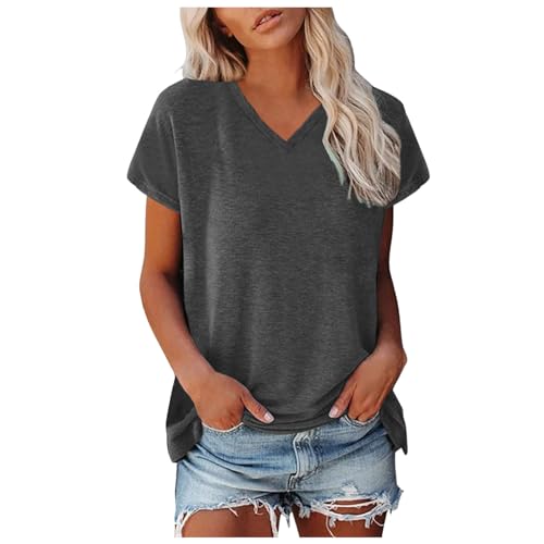 T-Shirts für Damen Kurzarm V-Ausschnitt Oberteile Tops Einfarbige Basic Casual Lose Tank Top Shirt Frauen Teenager Mädchen Klamotten Sommer Luftig Tshirt Damenmode Damentops Grau 5XL
