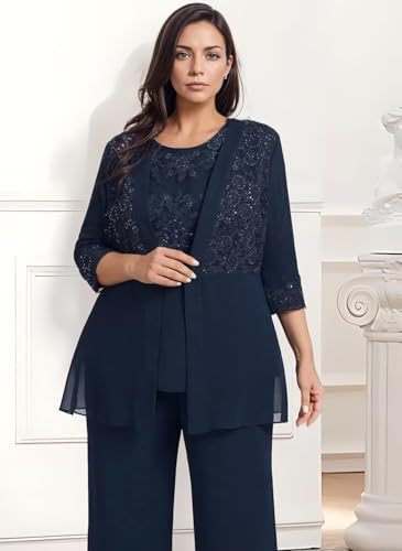 3 Piece Chiffon Dressy Mother of The Bride Pantsuits Lace Sequin Wedding Guest Pant Suit Formal Evening Outfit3