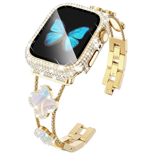 Bracelet trèfle Apple Watch 45 mm anti-choc avec protection écran verre et strass complet