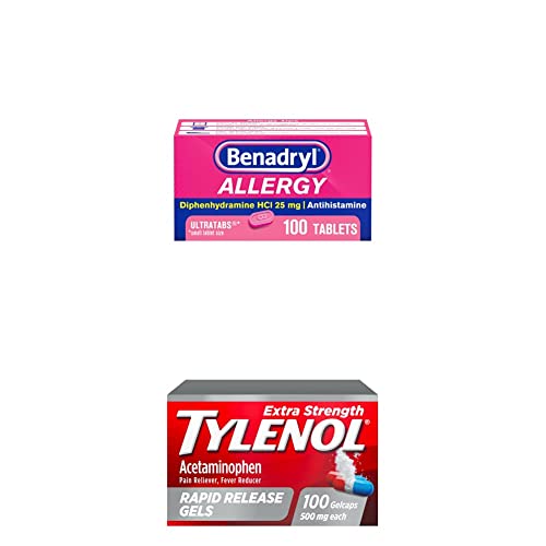 Benadryl Ultratabs Antihistamine Allergy Relief Tablets with 25 mg Diphenhydramine HCl, 100 ct and Tylenol Extra Strength Pain Reliever Rapid Release Gels with 500 mg Acetaminophen, 100 ct