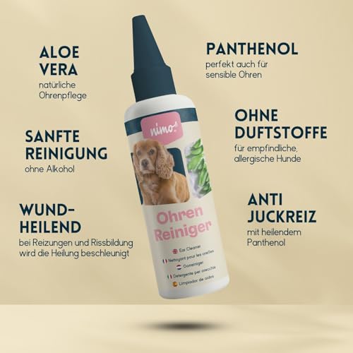 nimo® Ohrenreiniger | für Hunde, Katzen & Haustiere mit Aloe Vera & Panthenol | schonend natürliche Reinigung gegen Juckreiz, Infektionen, Ohrenschmalz, Entzündung & Ausfluss | minimiert Kopfschütteln