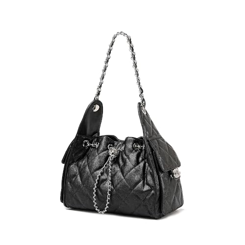 MOSAMHUA Bolso Bombonera Acolchado de Cuero Genuino con Cordón Mujer, Bolso Hobo Gran Capacidad Textura Caviar, Bolso Bandolera con Cadena Debajo del Brazo Negro