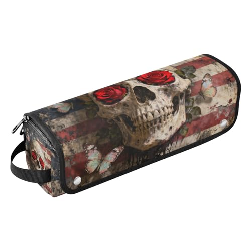 Bolso de viaje y estera resistente al calor para herramientas de cabello Hot Hair Tools, organizador impermeable para planchas y rizadores, diseño calavera retro y rosa roja portátil miniatura 1