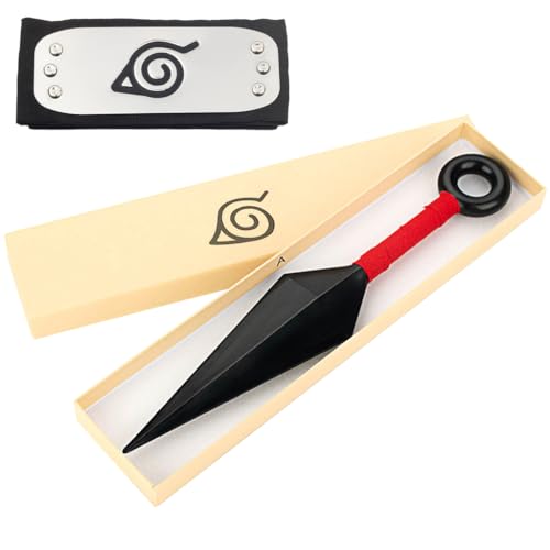 PATPAT Cosplay Props Ninja Headband & 10'' Kunai Weapon Prop Tie-Back Headband Metal Engraved Icon Headband and Kunai Prop Party Dressing-up Accessories Props Halloween Dressing Props,Black
