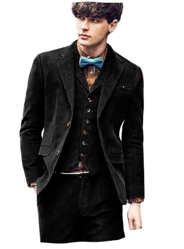 VENNYNG Men's Corduroy Suit 3 Piece Blazer Vest Pants Set for Business Events Wedding Grooms Banquet Party
