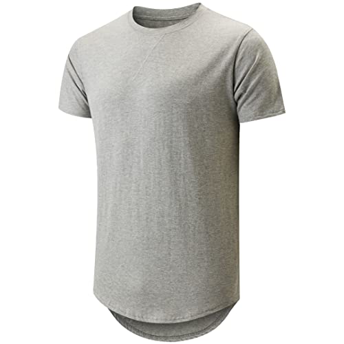 KLIEGOU Mens 100% Cotton Hipster Hip Hop Longline Crewneck T-Shirt Light Grey L