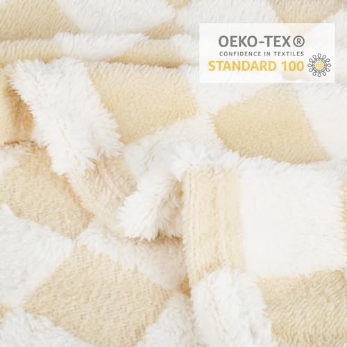 Image of HOMRITAR Beige Checkerboard Baby Blanket for Boys Girls Fluffy Fleece