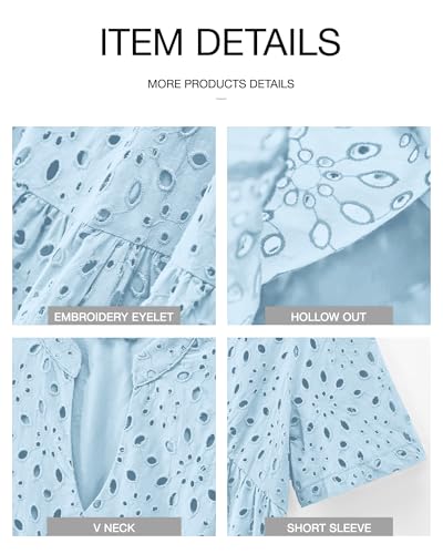 Image of BTFBM Womens Boho Summer Dresses 2026 Spring V Neck Short Sleeve Hollow Out Lace Ruffle Casual Beach Mini Vacation Dress