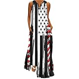 Dresses for Women 2023 Notch V Neck Sleeveless Maxi Dress Boho Floral Print Loose Flowy Sundress Gowns with Pockets