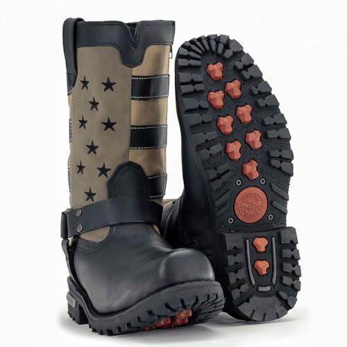Milwaukee Leather Men's Stars and Stripes Black with Tan Motorcycle Rider Harness Boots MBM9045-104