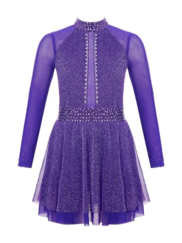 TiaoBug Mädchen Eiskunstlauf Kleid Langarm Glitzer Tanzkleid Mesh Spleiß Body mit Faltenrock Kürkleid Skaterkleid gr. 116-176 Violett H 170-176