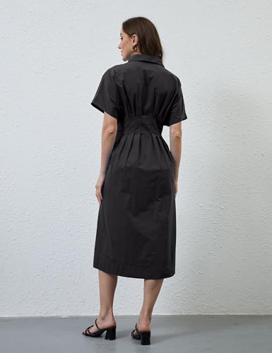 Image of MISSACTIVER Button Front Pleated Shirt Dress for Women Summer Striped Short Sleeve Lapel V Neck Corset Maxi Dress