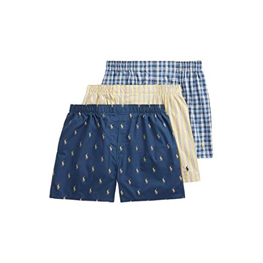 POLO RALPH LAUREN Men's Classic Fit Woven Cotton Boxers, Rustic Navy/Campus Yellow, Summer Stripe/Cruise Navy, Sag Harbor Plaid/Polo Yellow, Medium
