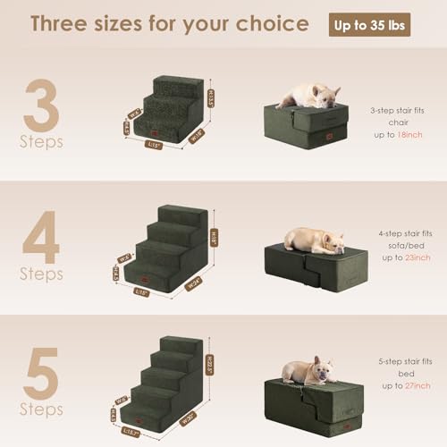 Image of EHEYCIGA Dog Stairs for High Bed 22.5 inch H, 5-Step Dog Steps for Bed, Pet Steps for Small Dogs and Cats, Non-Slip Balanced Pet Ramp Indoor, Military Green