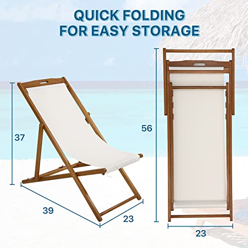 Beach Sling Chair Set Of 2, Outdoor Folding Wood Beach Chair With White Polyester Canvas, 3 Level Adjustable Height Patio Lounge Chair #TOP2