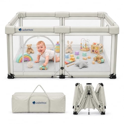 Image of Foldable Baby Playpen, 59 inchx71 inch, Beige | 1-Minute Setup, Lightweight Portable, Carry Bag Included, Indoor Outdoor Use, For Babies & Toddlers