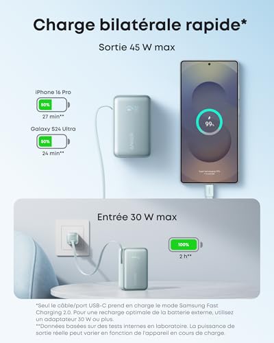 Anker Nano Batterie Externe 10000 mAh avec câble rétractable InstaCord 70 cm, Banque d’Alimentation compacte 45 W Max Power Bank, Affichage Intelligent, pour iPhone 16 Pro Max, iPad, Galaxy, Pixel