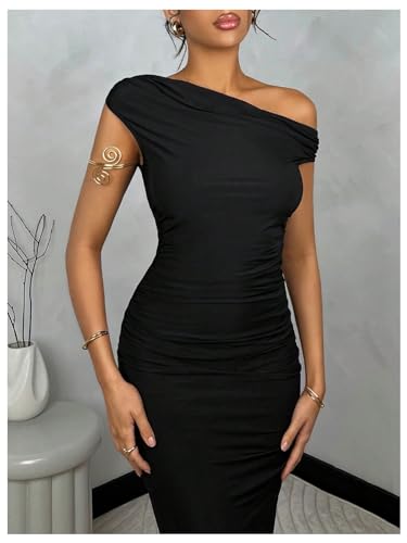 SOLY HUX Women's Off The Shoulder Maxi Dress Bodycon Ruched Asymmetrical Neck Long Dresses Party Evening Dress4