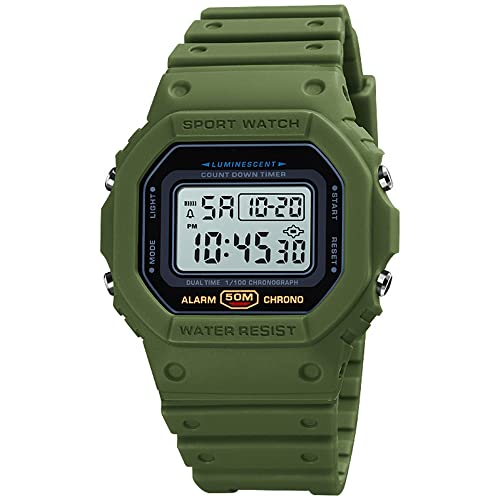 Montre numérique à Quartz pour Homme Résistant aux Chocs Unisexe 50 m Étanche pour l'extérieur Vision Nocturne Bracelet PU Army Green White Cover