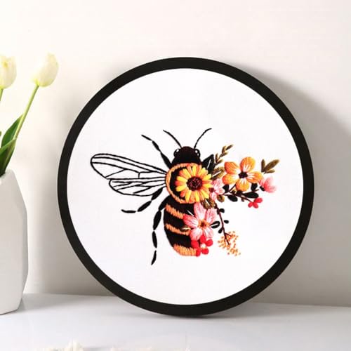 Image of Esffaci Embroidery Starter Kit for Adult Beginner with Bee Pattern Hand Embroidery Set with Embroidery Cloth Hoop Needle Threader Embroidery Floss and Instruction