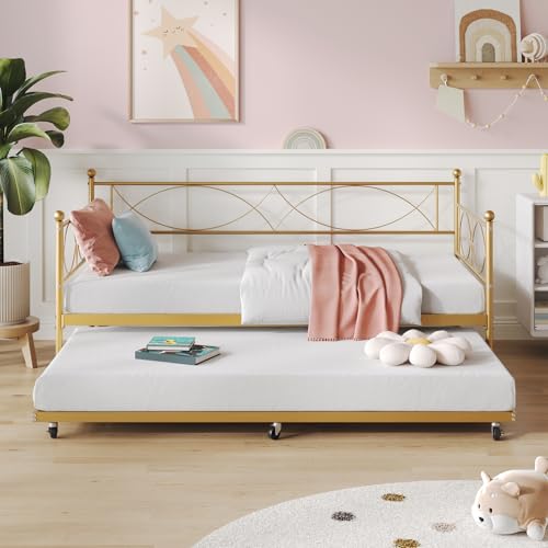 Garvee Twin Daybed with Trundle - Metal Day Bed with Pull Out Trundle, Trundle Bed Twin with Premium Steel Slat Support, Multifunctional Twin Daybed for Bedroom, Living Room, Guest Room