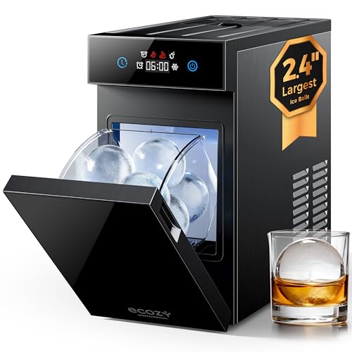 ecozy 2.4" Clear Ice Ball Maker Countertop with CrystalFlux Technology, Minimal Footprint Sphere Ice Maker with 8H Timer, 1 pcs in 40 Mins, 32 pcs/Day, Self-Cleaning for Home Bar Whiskey & B