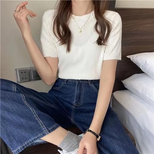 Image of Istyle Can Women Ribbed Slim Fit Top | Stretch Cotton Knit Crew Neck T-Shirt | Solid Casual Short Sleeve Tee for Office, Layering