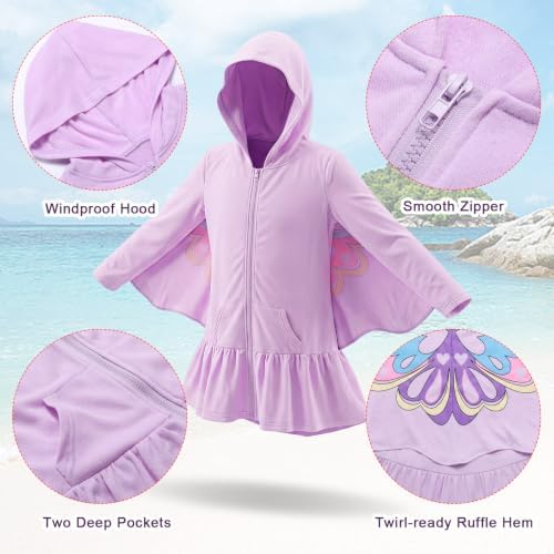 Girls Butterfly Hooded Beach Towel Cover Up,Zipper Bath Robe,Quick Dry Swim Coverup Poncho for Pool Swimming Beach Summer (Purple, Size10(150cm,9-10Y)) — view 3