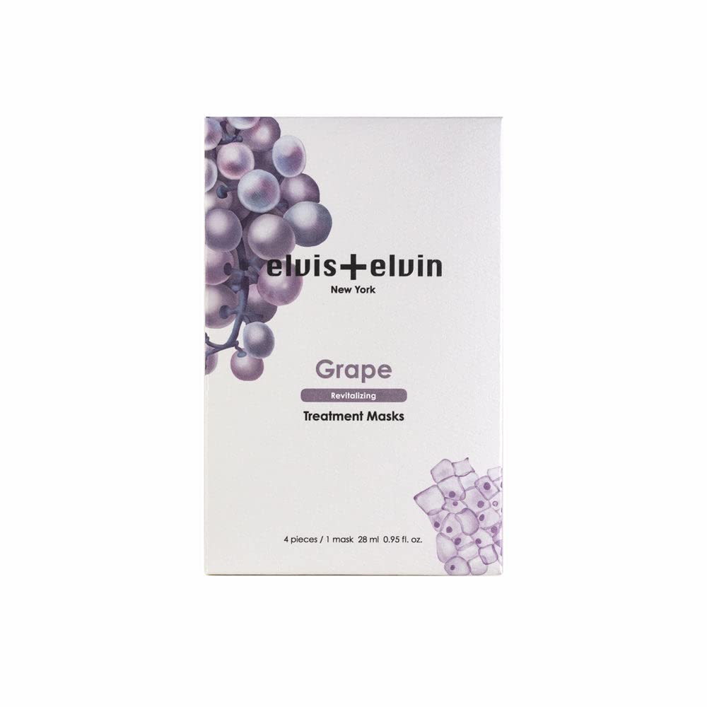 elvis+elvin Grape Revitalizing Treatment Mask (4 pieces box) promotes radiance, offers antioxidants, aids in detoxification, supports age defense, and combats photo-aging.