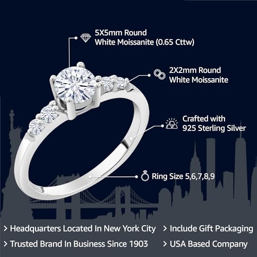 Gem Stone King 925 Sterling Silver White Moissanite Engagement Ring For Women (0.65 Cttw, Round 5MM, Gemstone Birthstone, Available in Size 5,6,7,8,9)2