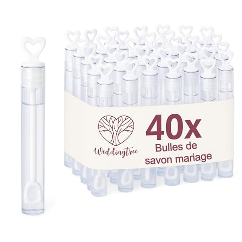 WeddingTree 40 Flacons à Bulle de Savon pour Mariage - avec Tige en Forme de Coeur - Très Mignon pour Un Mariage, Baptême, Anniversaire, Noces d'or, Fiançailles, Saint Valentin, Fête