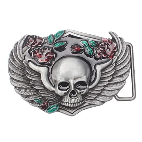 Ceinture homme punk cowboy avec boucle tête de mort et ailes argent