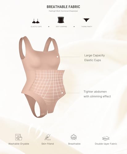 Image of FeelinGirl Bodysuits for Women Seamless Square Neck Tummy Control Compression Thong Shapewear Bodysuit Tank Tops Bodysuit