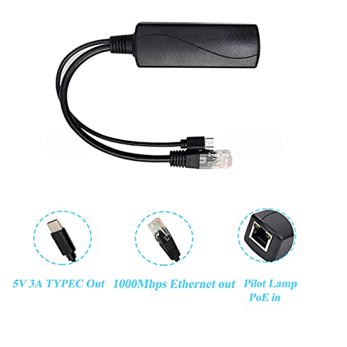 Image of Gigabit Type C PoE Splitter 5V 3A, IEEE 802.3af /at Standard, 10 /100 /1000Mbps Type C Power Over Ethernet Splitter with RJ45 Port and TYPEC Port(TYPEC0503G Black)