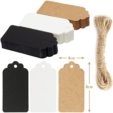 Box.it.pack.it Kraft Paper Gift Tags, White, Scallop 8x4 cm, 100 Pack with String