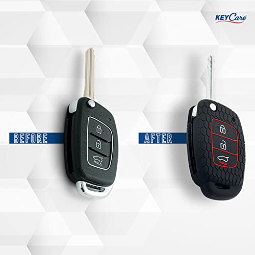 Image of Keycare Silicone Key Cover Compatible for Venue, Aura, Elite i20, Active i20, Xcent 3 Button flip Key with KC Mini Red Keyring (KC10 Red with KCMiniKeyring)