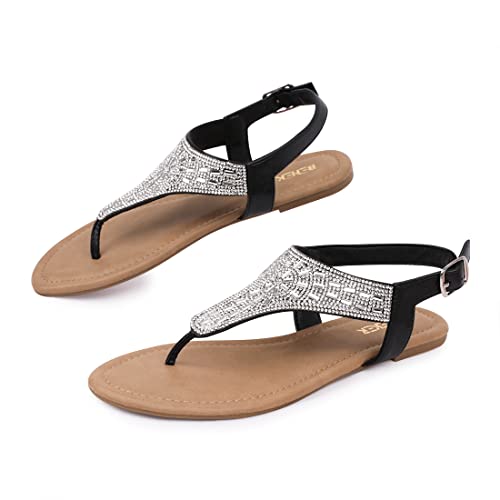 Image of BENEKER Women's Rhinestone Thong Flat Sandals T-Strap Fashion Sandals Ankle Strap Summer Gladiator Sandals