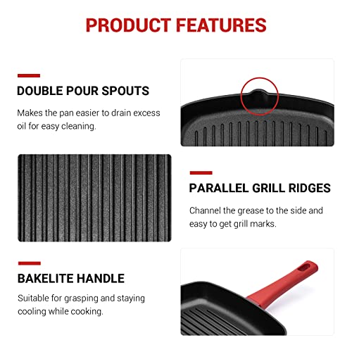 Sakuchi 11 Inch Grill Pan For Stove Tops Nonstick Induction Pan Square Steak Bacon Pan, Red #TOP3