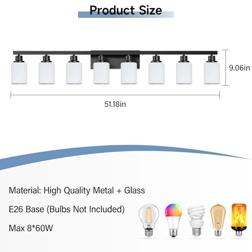 Image of 8 Light Bathroom Vanity Light,Modern Matte Black Bathroom Light Fixtures Over Mirror with Square Frosted Glass,Wall Sconces for Restroom,Living Room Hallway E26