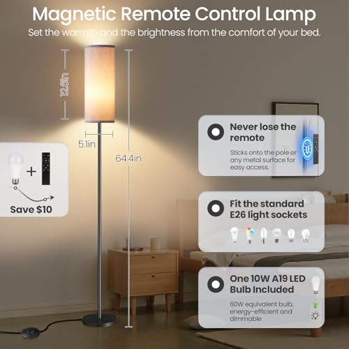 Image of Dimmable Gray Floor Lamp for Living Room with Remote and Foot Switch, Corner Floor Lamp for Bedroom, Modern Standing Tall Lamp, 10W 900LM Bulb Included, 3000K-6500K, Linen Shade, FCC Listed H06LD05W1