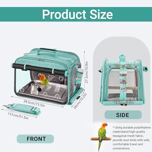 Sanmoncare Airline Approved Bird Carrier, Indestructible Stainless Steel Mesh Parrot Travel Cage, Cockatiels Travel Carrier Lightweight and Portable with Water Bottle and Bowl - Image 3