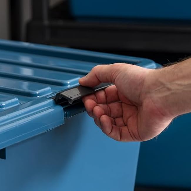 IRIS USA 91 Qt Stackable Plastic Storage Bins with Lids, 4 Pack - BPA-Free, Eco-Friendly, Discreet Organizing Solution, Latches, Durable Nestable Containers, Secure Pull Handle, Made in USA - Navy