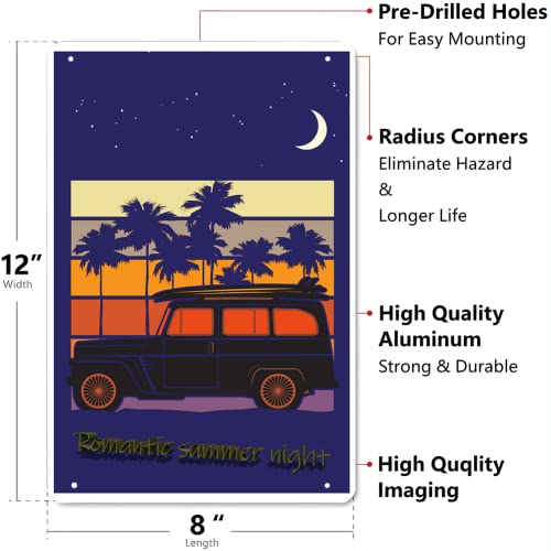 Eeiokgms Romantic Summer Night, Field Car Young Beach Coconut Tree Vacation Tin Sign Seaside Starry Sky Art Travel Couple Decoration Field Bistro Bar Shop #TOP2