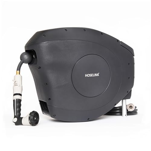 HOSELINK Classic Charcoal 100ft Automatic Retractable Garden Hose Reel, 1/2' UV-Stabilized Kink-Free Hose, Wall Mounted Complete Watering Solution for Backyard, Garden & Outdoor