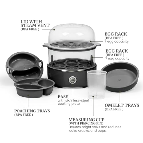 Elite Gourmet EGC1215B Easy Egg Cooker, Stainless-steel Heating Plate, Two-Tiered, 14-Egg Capacity, Soft, Medium, Hard-Boiled, Auto Shut-Off, Omelets, Poached Eggs, Measuring Cup, Piercing Pin, Black