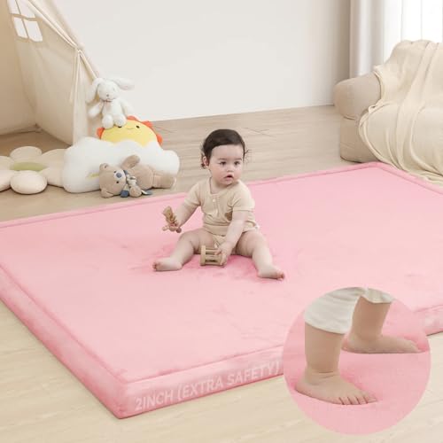 Image of Huloo Sleep 2 inch Extra Thick Baby Play Mat for Floor,Ultra Soft Elasti Foam Mat for Tummy Time & Crawling,Playpen,Non Slip Nursery Rug for Toddlers,Infants,kids,Tatami Style for Yoga,Playroom(Pink)