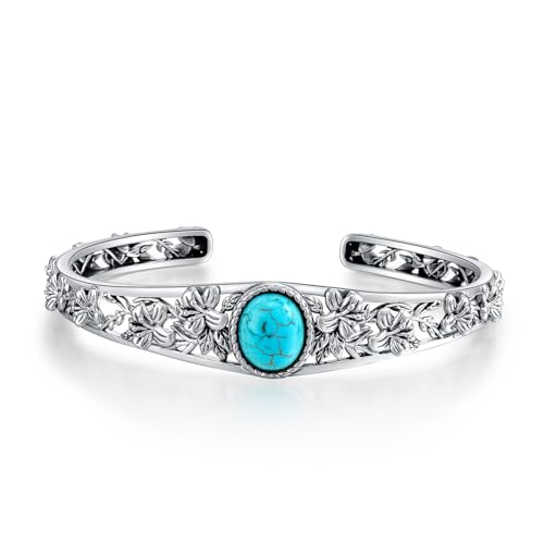 Bracelet turquoise naturel en argent vintage avec gravure fleur de lys haut de gamme